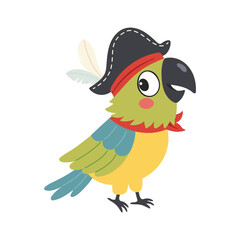 Cute Cartoon Parrot Character Wearing Pirate Hat. Vector Illustration on a white background. Cartoon illustration in children's style.