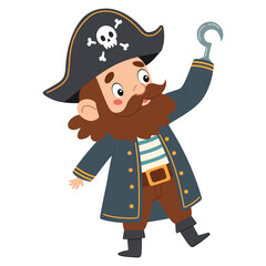 Pirate with hook instead of hand. Vector illustration on white background. Cartoon illustration in children's style.