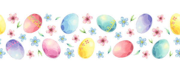 Watercolor seamless Easter border with colorful eggs and flowers on a white background