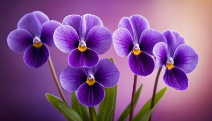 "Close-Up of Three Vibrant Purple Flowers Against a Soft Pink Gradient Background &ndash; Stunning Floral Macro Photography with Delicate Petal Details"