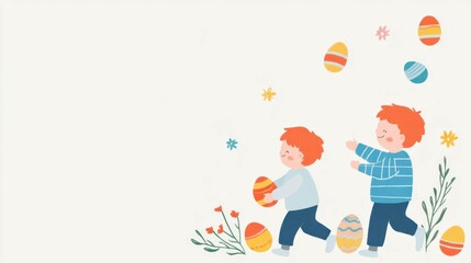 Obraz premium Happy children playing with colorful Easter eggs in a bright and cheerful illustration, capturing the joy of springtime and festive activities