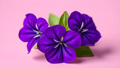 "Close-Up of Three Vibrant Purple Flowers Against a Soft Pink Gradient Background – Stunning Floral Macro Photography with Delicate Petal Details"