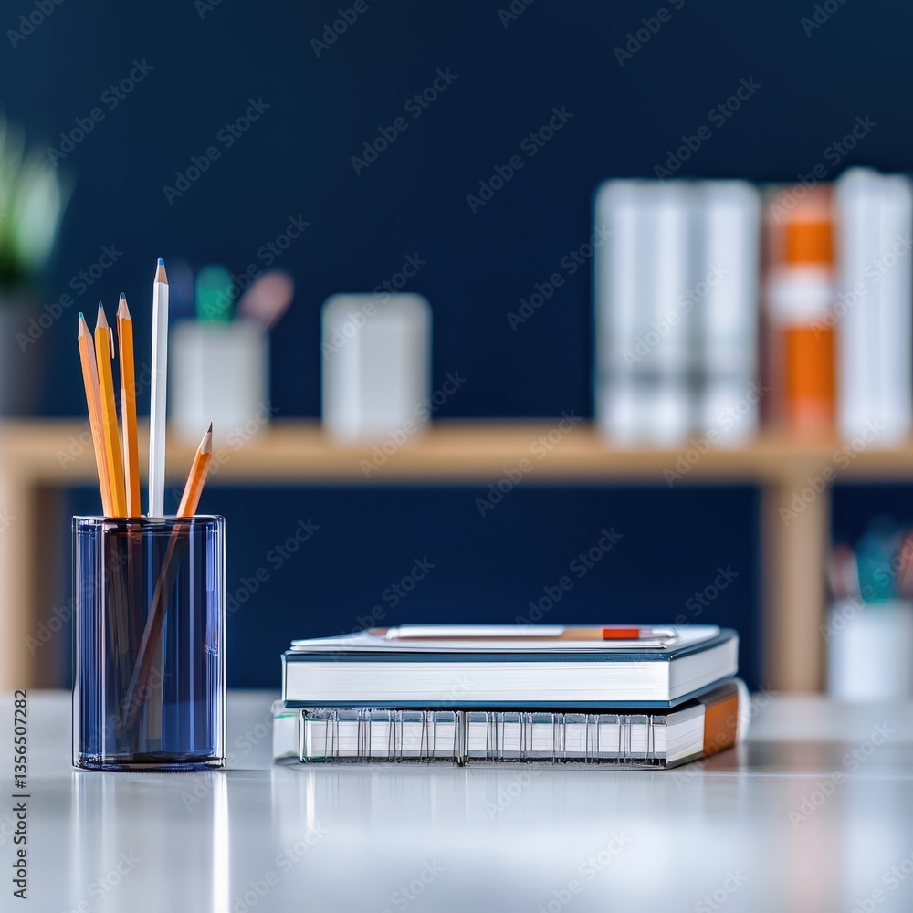Poster organized desk featuring a stylish pen holder and a smartphone creating a functional workspace setti