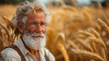 Old Farmer Near Golden Field. Agriculture, Farming Concept