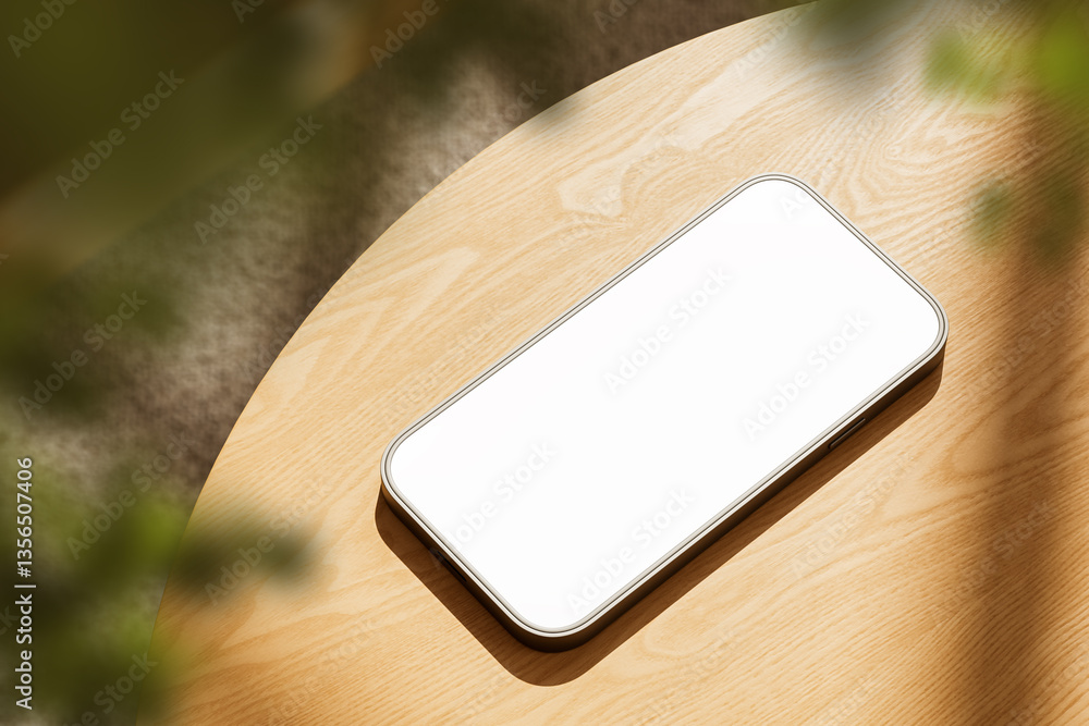 Poster modern smartphone with blank screen on wooden table in natural light. 3d rendering