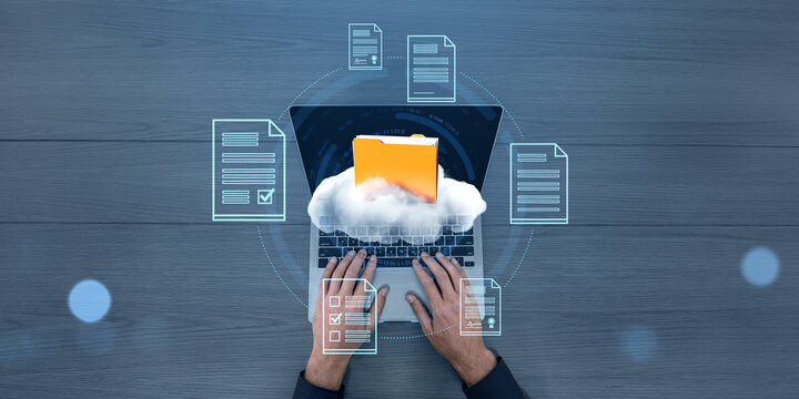 Cloud document management system concept with hologram folder.