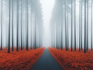 Misty Forest Road for Autumn Path.