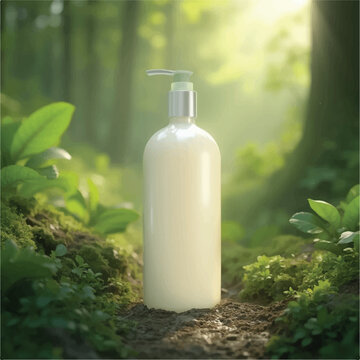 3d cosmetic products, 3d shampoo bottles, shampoo bottles, nozel, without label, shampoo bottle mockup, shampoo bottle with nature background, flower plants,leaves, realistic, forest,stone