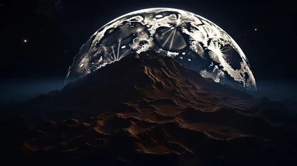 Alien Planet Landscape with Large Moon in Dark Space