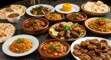 Fototapeta premium Assorted Middle Eastern Cuisine Featuring Meats, Vegetables, and Bread Display