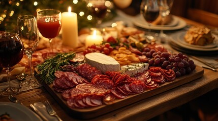 Festive charcuterie board with assorted meats, cheeses, and fruits set on a table for a holiday gathering