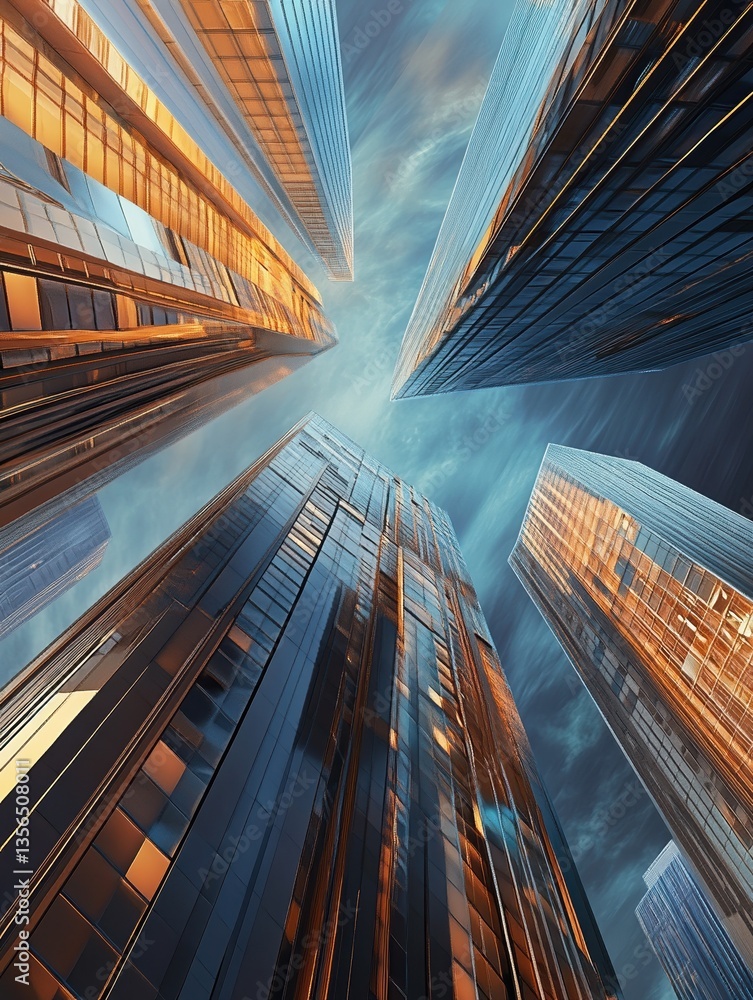 Poster the architectural design features a towering skyscraper surrounded by abstract representations of bu