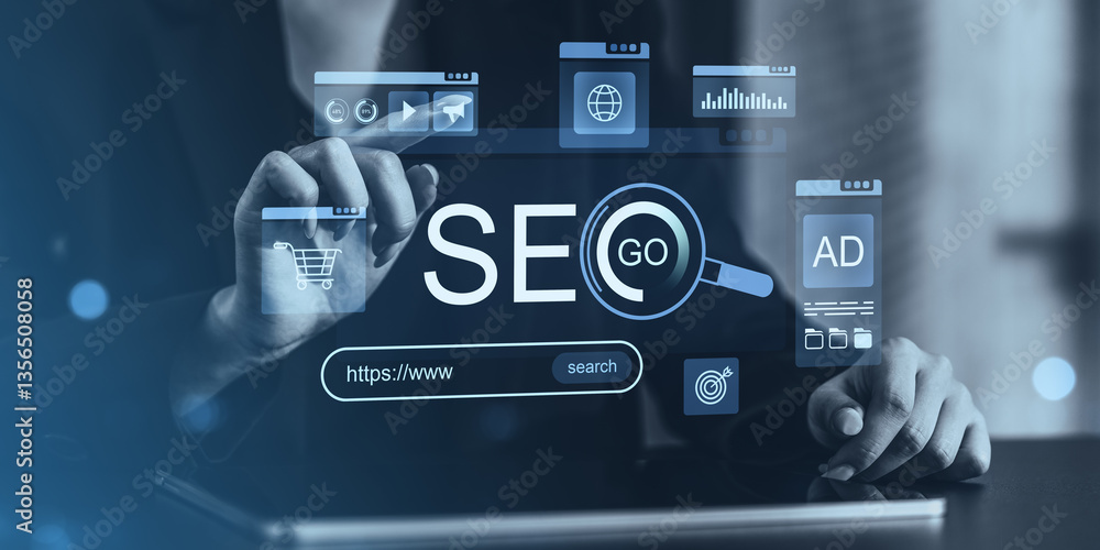 Poster seo digital marketing and search engine optimization concept with holographic hud interface.
