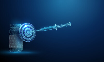 Bottle with medicine with a target and a blue syringe at the center. Precision medicine, targeted drug delivery concept. Low poly style.