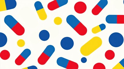 Abstract Colorful Capsules and Circles Pattern: A vibrant and playful design featuring capsules and circles in red, yellow, and blue, creating a dynamic visual experience.