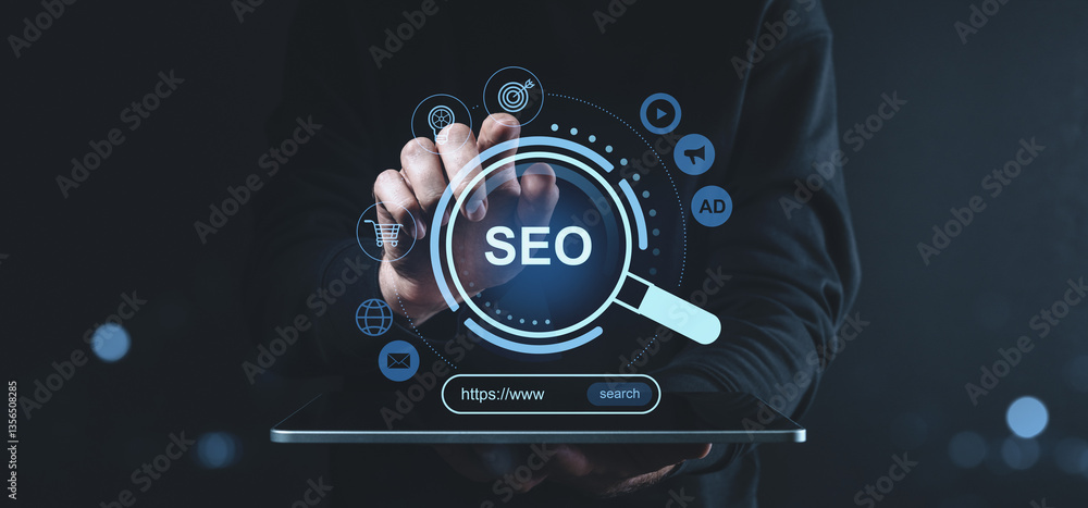 Poster seo optimization concept with digital hologram interface on tablet.