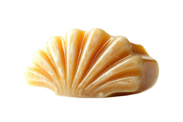 A Delectable Golden Caramel Candy, Shaped Like A Delicate Seashell, Rests Elegantly Against A Pure Isolated on Transparent Background, Showcasing Its Intricate Fan-like Design And Smooth, Glossy Surfa