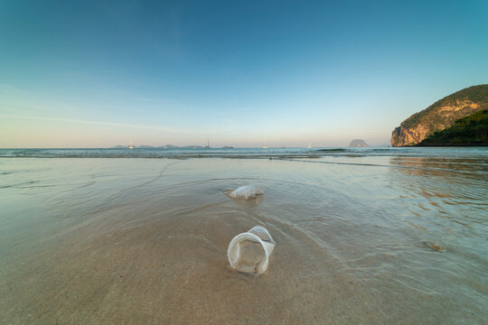 Plastic waste on Charlie Beach, Koh Mook, Andaman Sea, Satun Province, South Thailand