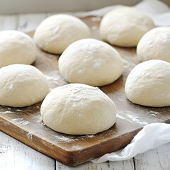 Fototapeta premium Artisan Bread Dough Balls on Wooden Board Baking Preparation