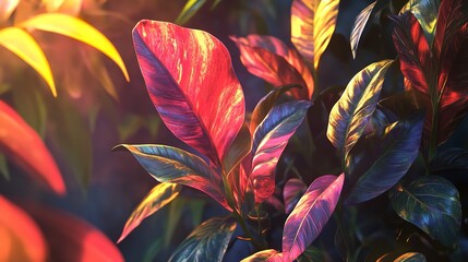 Vibrant Tropical Leaves Illuminated by Sunlight