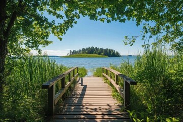 Wooden bridge to island, sunny lake, lush forest