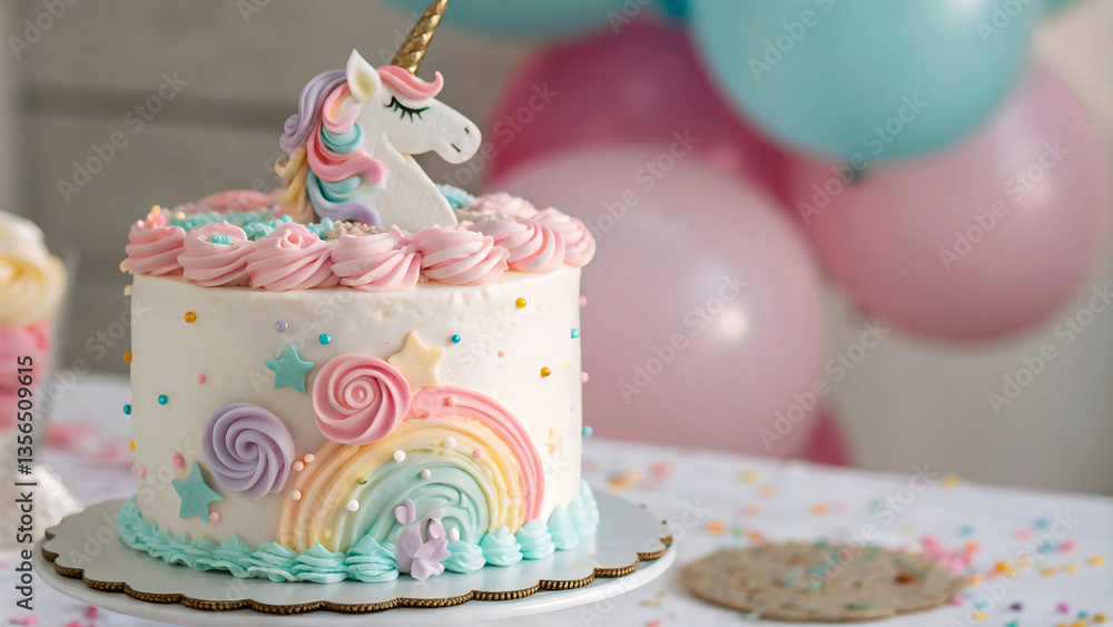 Poster a colorful unicorn cake with rainbow frosting, set on a table with balloons and a decorative tablecl