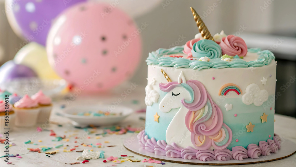 Poster  a colorful unicorn cake with rainbow frosting, set on a table with balloons and a decorative tablecloth.