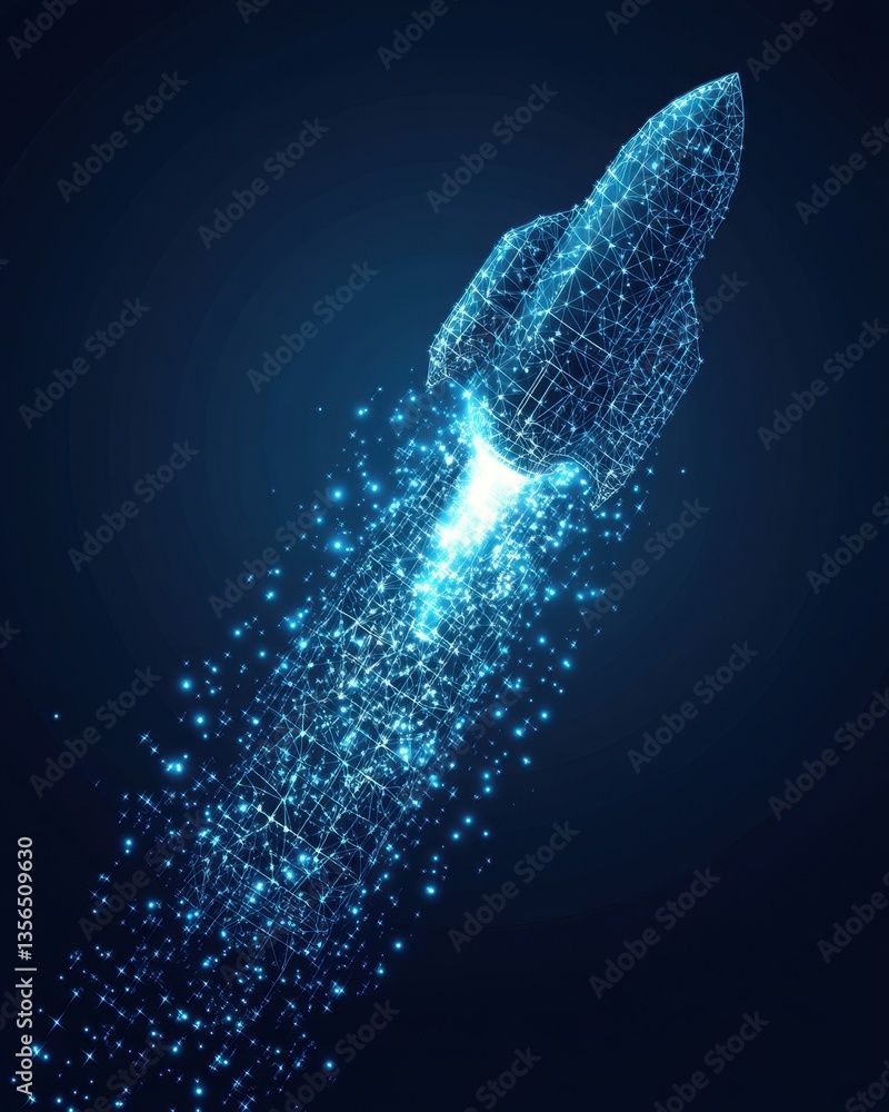 Poster digital rocket launching into space with glowing particle trails on dark blue background