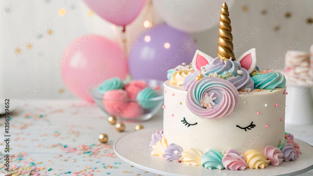 Poster  a colorful unicorn cake with rainbow frosting, set on a table with balloons and a decorative tablecloth.