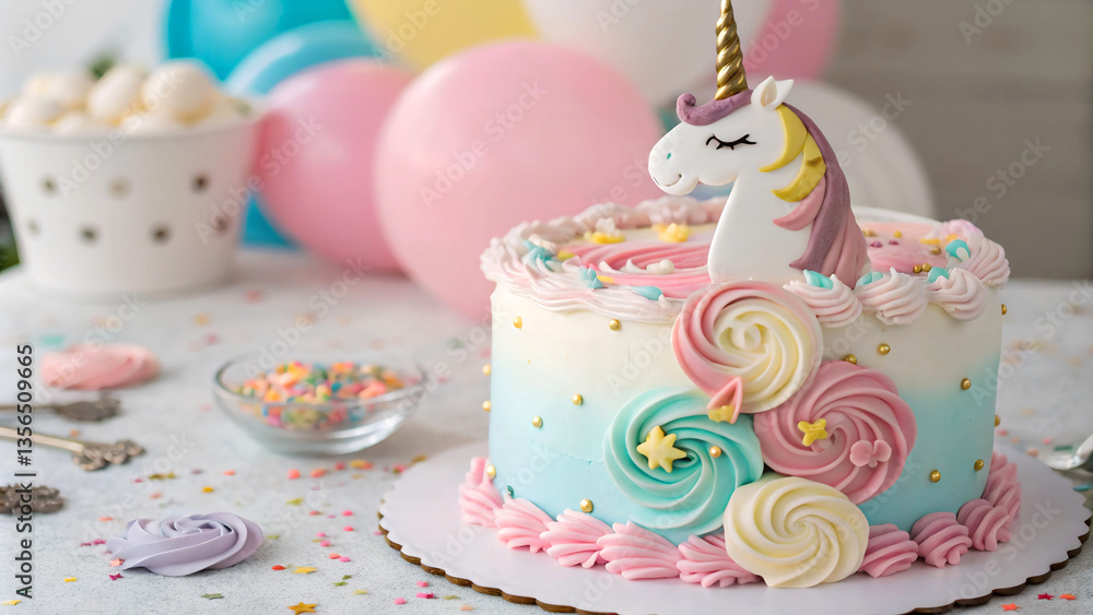 Aufkleber a colorful unicorn cake with rainbow frosting, set on a table with balloons and a decorative tablecl