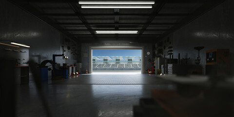 3D Motorsport workshop overlooking race track with open roller door
