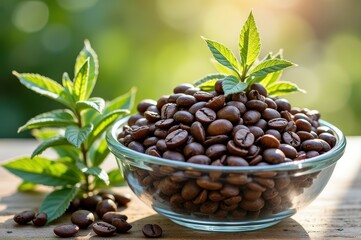 Obraz premium Glass bowl of roasted coffee beans with green leaves outdoors