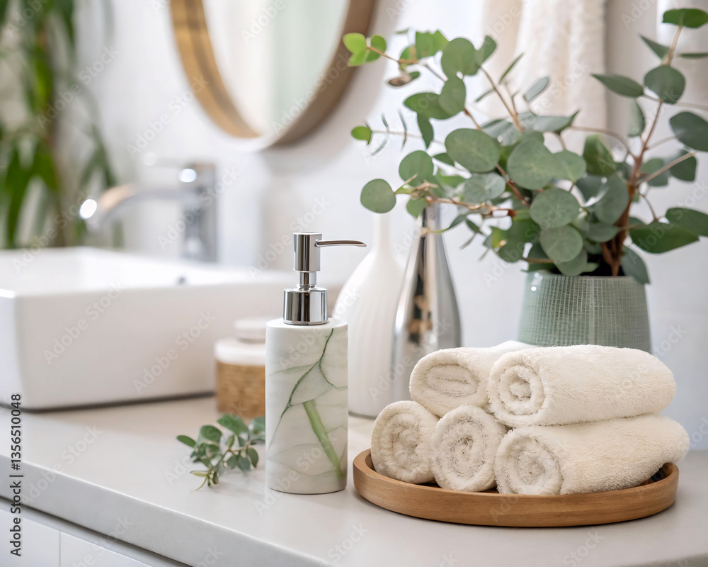 Poster the image displays a bathroom counter with a marble soap dispenser, a rolled white towel, and a larg