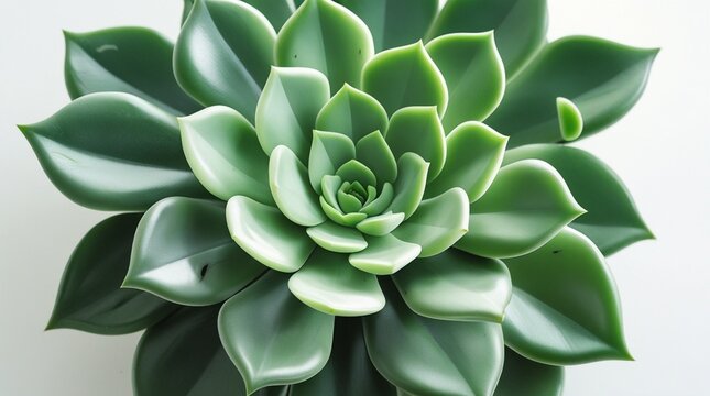 The plant features a symmetrical green rosette pattern with fleshy, fleshy leaves, smooth surfaces, and subtle gradients of green, complemented by a clean, white background.