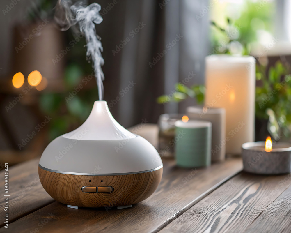 Poster wooden table with an essential oil diffuser.