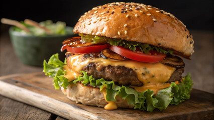  Large beef hamburger with lettuce and cheese on a bun, placed on a wooden cutting board. 