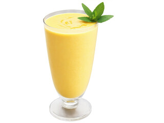 Tropical Mango Smoothie A bird's-eye view of a smooth, golden-yellow mango smoothie in a tall, clear glass. The smoothie contains