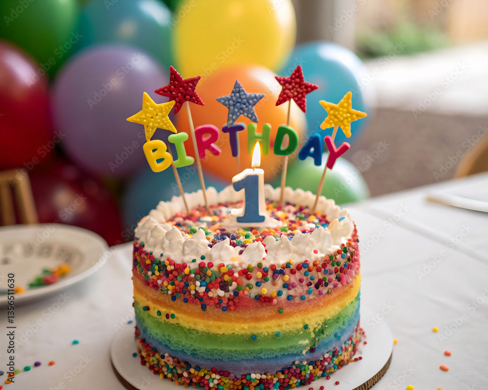 Poster a colorful birthday cake with the number 1 on top, sitting on a dining table with colorful balloons 