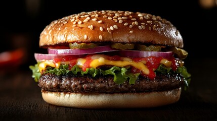 Juicy burger piled high with fresh toppings served on a sesame seed bun at a busy diner during the evening