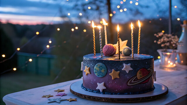 birthday cake with candles , a galaxy theme.
