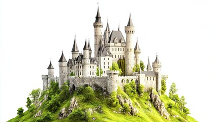 Fototapeta premium Fantasy castle with tall towers and spires perched on green hilltop isolated on white background