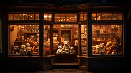 Enchanting Teddy Bear Shop Window at Night