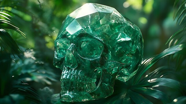 Crystal skull crafted from geometric emerald crystal shapes, lush tropical rainforest background, vibrant natural illumination, hyper-realistic detailed digital art style,