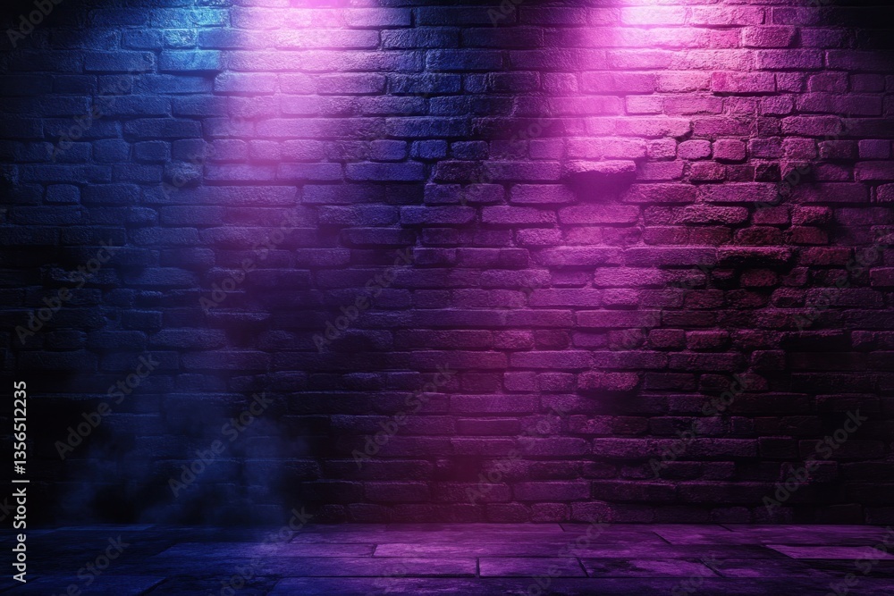 Poster moody brick wall illuminated by vibrant neon lights creating a dramatic and atmospheric backdrop for