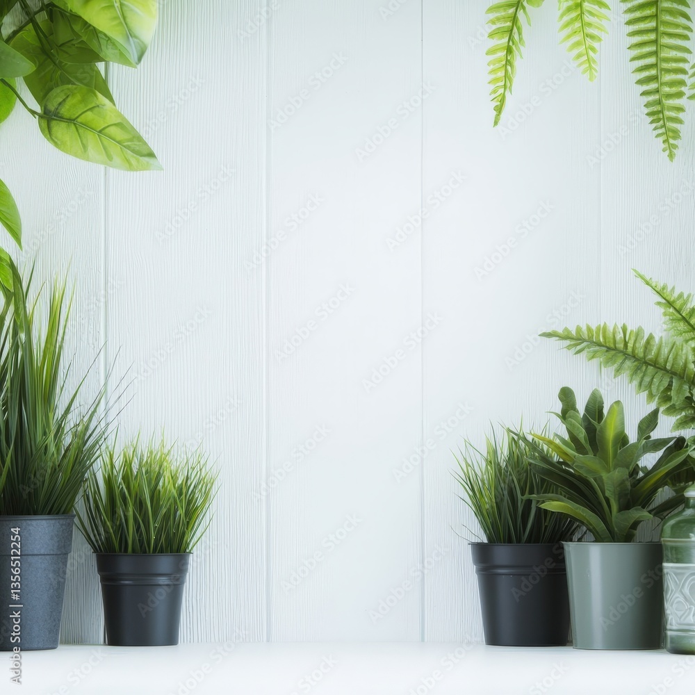 Poster row of various house plants displayed in decorative pots on a shelf creating a lively indoor space