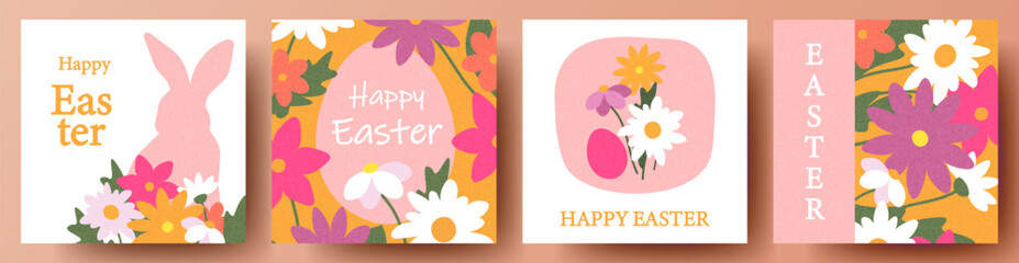 Happy Easter Set of greeting cards, posters, holiday covers with flowers. Trendy design template or web banner set for Easter.