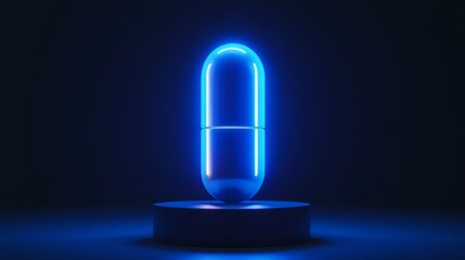 Neon blue pill levitating on a circular pedestal in a darkened room during nighttime