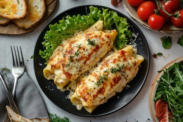 Two Stuffed Manicotti Pasta on Plate with Fresh Bread. Chicken and Cheese Stuffed, Ready to Cook. Red Sauce on Several Plates