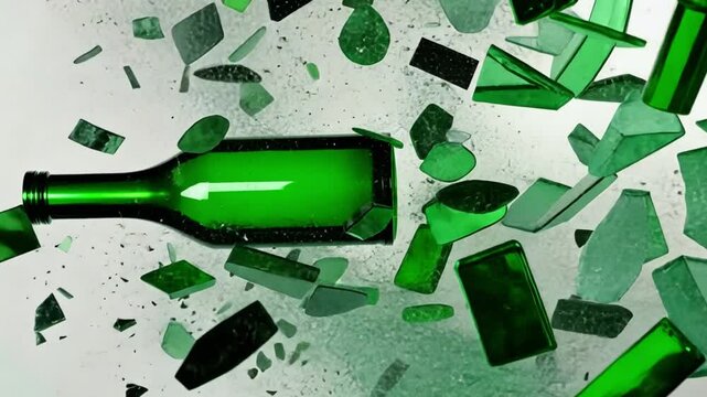 This striking image features a green bottle shattering into numerous glass pieces. The lively green contrasts against the white background, emphasizing movement and chaos. AI