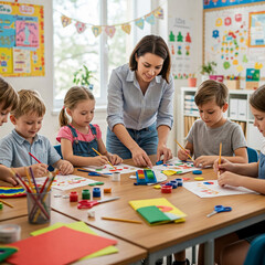 Obraz premium Teacher guiding children in art class, painting and crafting colorful shapes on paper, fostering creativity and learning in a classroom setting